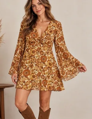 Retro Mini Dress Brown Mod Floral 70s Boho Bell Sleeve Groovy Festival Hippie L thumbnail 1
