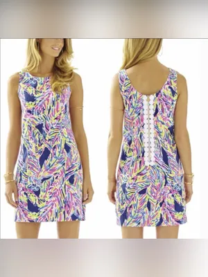 Lilly Pulitzer Cathy Shift Dress (Sz 10) Indigo Palm Reader Cotton Mini Hot Pink thumbnail 2