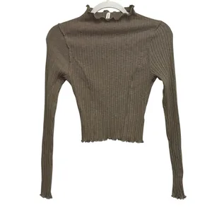 Altar'd State Ribbed Cropped Top Small Brown Lettuce Hem‎ Long Sleeve Mock Neck thumbnail 2