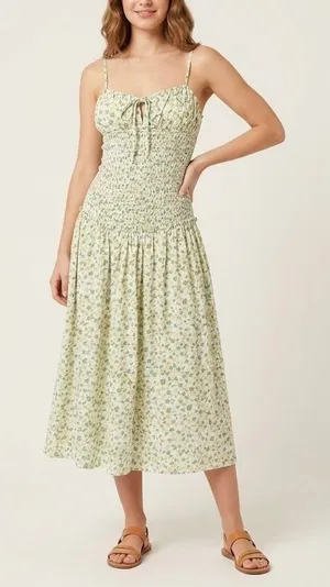Free People Lavender Daze Floral Smocked Midi Dress Yellow Green Cotton Medium thumbnail 1