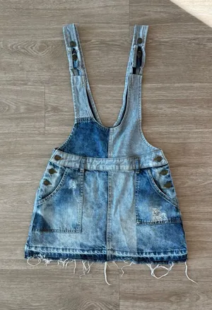 Free People Patchwork Blues Blue Denim Pinafore Dress, Size 4 thumbnail 1