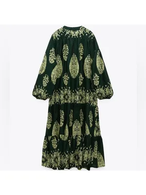 Zara Dark Green Midi Dress with Light Green Botanical Print thumbnail 3