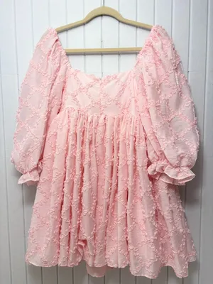 Mable Ribbon Textured Puff Sleeve Babydoll Mini Dress In Baby Pink‎ Size M thumbnail 7