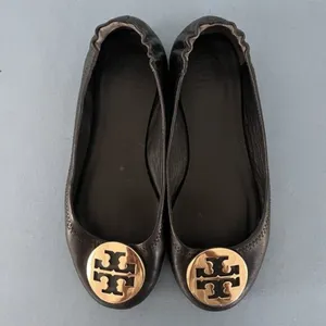 Tory Burch‎ Minnie Black Leather Gold Logo Elastic Heel Ballet Flats thumbnail 6