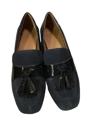 Donald Pliner 8 Kressida Tassel Loafer Pumps Blue Suede patent Block Heel Chunky thumbnail 1