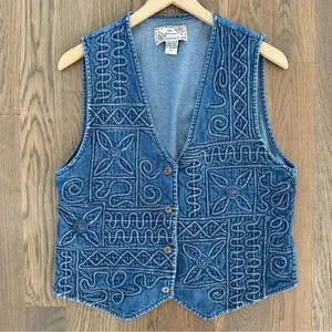 Anthropologie Vintage Embroidered Geometric Denim Western Sleeveless Vest Blue L thumbnail 5