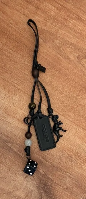 Coach Heritage Black Leather Loop Charm Keychain with Beads, Rexy Dinosaur, Dice thumbnail 1