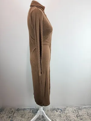 Lucca Brown Ribbed Long Sleeve Button-Down Midi Dress With Collared Neckline S thumbnail 2