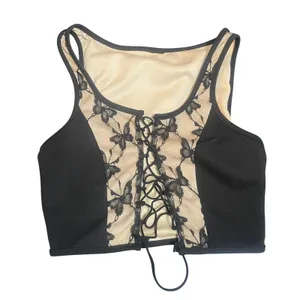 Black Butterfly Lace Up Crop Top Tan Lined Gothic Tank thumbnail 2