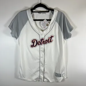 Majestic MLB Detroit Tigers Baseball Jersey Womens Large White Grey Glitter Logo thumbnail 10
