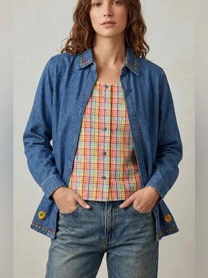 Vintage Embroidered Blue Denim Button-Up Shirt thumbnail 2