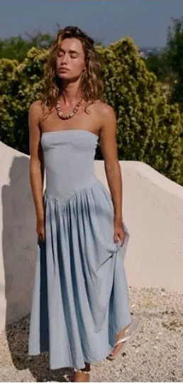 FREE PEOPLE NWT Onda Drop Waist Tube Midi Dress Ballad Blue thumbnail 1