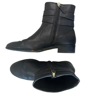 Tory Burch Gemini Link Black Pebbled Leather Ankle Booties Gold Buckle 7.5 thumbnail 9