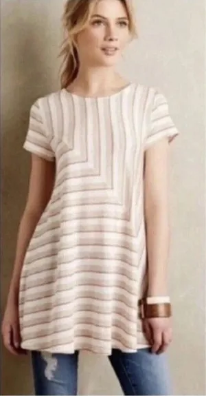 Anthropologie Puella Short Sleeve Striped Swing Tunic‎ Top Beige Medium USA Made thumbnail 1