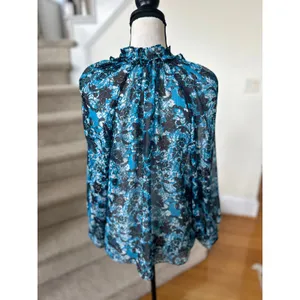 Anthropologie Blue Black Floral Lace Print SHEER Blouson Sleeve Blouse thumbnail 4