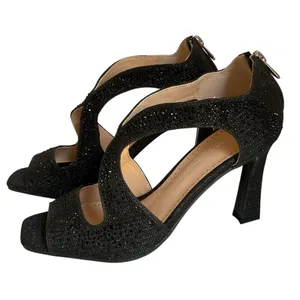 Adrienne Vittadini Black Glitter Heels Women Size 8.5 Strappy Open Toe Party thumbnail 1