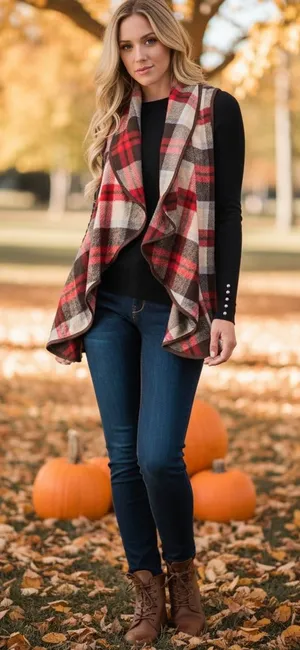 Plaid Waterfall Open Front Wool Polyester Vest New Size L Vibrant Autumn Vibe! thumbnail 1