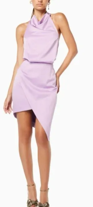 NWOT Elliatt Camo Asymmetric Satin Cocktail Dress in Lavender Sz L thumbnail 1