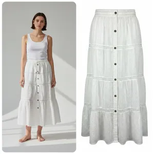White Eyelet Cotton Maxi Skirt Large Tiered Layered Elastic Pull-On Cottagecore thumbnail 2