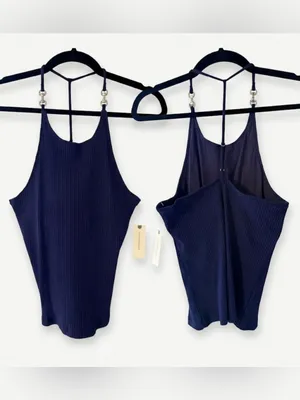 Maeve Ribbed Halter Tank in Navy with Silver Hardware thumbnail 5