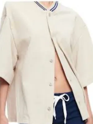 Lioness Beige Button-Front Shirt with Navy Stripe Collar - XS (New with Tags) thumbnail 2