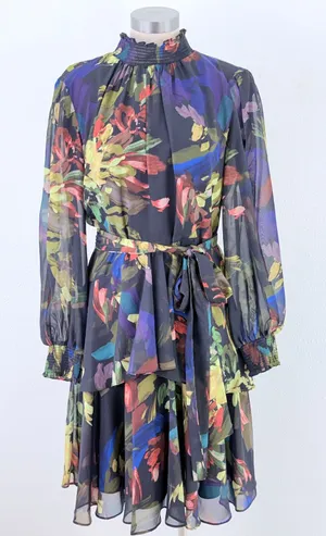 Alex Marie Floral Chiffon Smocked Mock Neck Sheer Sleeve Dress Navy 8 thumbnail 1