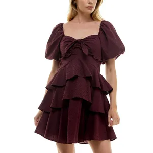 Crystal Doll Sweetheart-Neck Puffed Sleeve Fit Flare Dress Merlot Red 2XS thumbnail 7