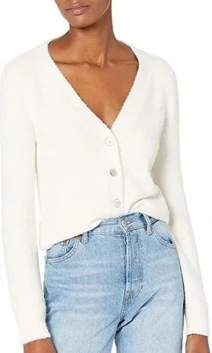 The Drop Francine V Neck Cardigan‎ Women Small Ivory Knit Cozy Fuzzy Sweater thumbnail 1