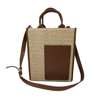 BCBG Straw Woven Tote Bag Natural Cognac Crossbody NWT thumbnail 1