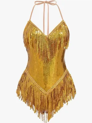 Sparkly Fringe Dress Glitter Tassel Latin Dance Dress V-Neck bodysuit costume thumbnail 2