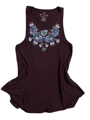 Aerie Soft & Sexy Floral Embroidered Tank - Dark Plum thumbnail 1