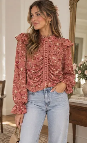 Milk & Honey Pink Floral Ruched Lace Ruffle Blouse Sheer Romantic Top Small thumbnail 1