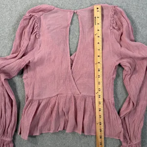 Free People Women's XS Pink Ruched Deep V-Neck Daia Top Peplum Long Sleeve thumbnail 9