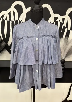 Zara Basic Chambray Ruffle Button Front Blouse Women’s XS Blue Long Sleeve EUC thumbnail 1