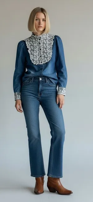 Victorian Style Prairie Denim Blouse White Floral Lace Ruffle Collar & Cuffs XS thumbnail 1