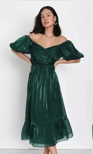 Lulus Remarkable Sensation Emerald Green Puff Sleeve Tiered Midi Dress size m thumbnail 1