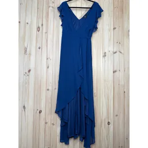 NWT Lulus Ravishing Charm Dark Blue Ruffled Wrap High-Low Maxi Dress Wedding M thumbnail 3