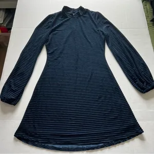 Lulu’s Ticket to chic Navy Blue Striped Velvet Balloon Sleeve dress Size small thumbnail 12
