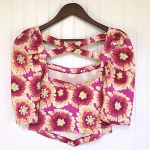 FREE PEOPLE Give Me‎ More Floral Crop Top Puff Sleeve Crisscross Back Small thumbnail 2