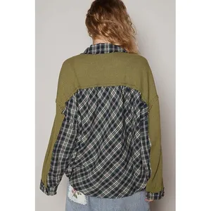 Pol Mixed Media Plaid Waffle Knit Shacket Olive Green Navy‎ Blue Oversized NEW thumbnail 2