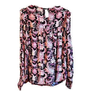 Knox Rose Women‎ Medium Paisley Smocked Peasant Blouse Black Pink Long Sleeve thumbnail 8