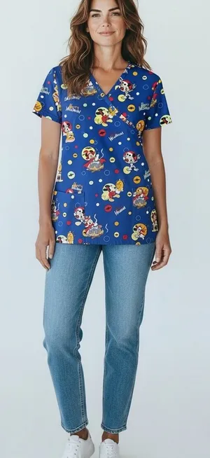 Disney Women’s Happy Halloween Blue Printed V-Neck Scrub Top thumbnail 1