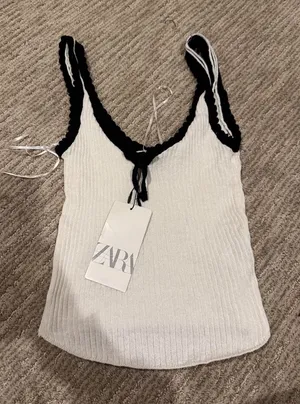 ZARA White Ribbed Camisole with Black Trim thumbnail 1