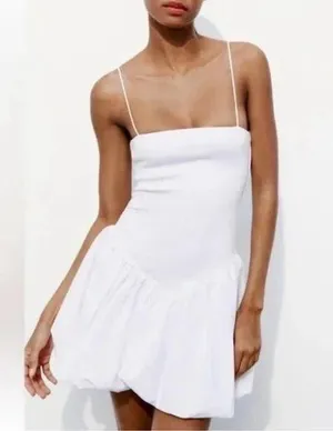 Zara Mixed Ribbed Poplin Balloon Mini Dress in White Medium thumbnail 1