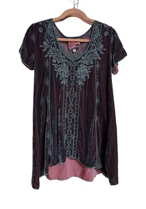 Johnny Was Velvet Embroidered Tunic Top XS Purple & Teal Rayon/Silk Blend thumbnail 1