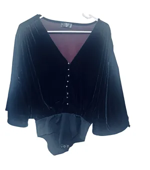Zara Black Velvet Velour Bell Sleeve Bodysuit Size S silver buttons goth glam thumbnail 1