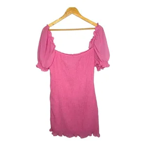 PrettyLittleThing Smocked Mini Dress Womens 12 Pink Puff Sleeve Ruffle‎ Hem thumbnail 6