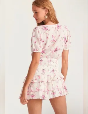 LoveShackFancy Cream Mini Dress with Pink Floral Print thumbnail 2