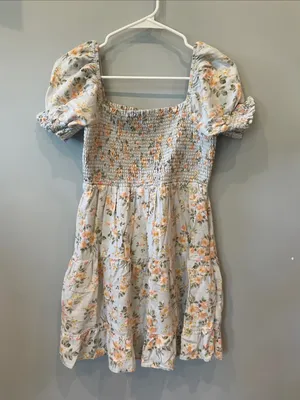 American Eagle Smocked Puff-Sleeve Floral mini Dress - Light Blue and Peach thumbnail 1