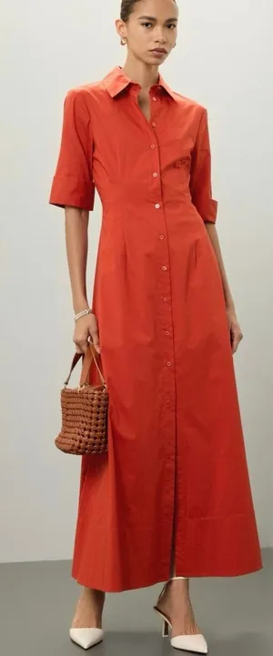 STAUD Red Cotton Blend Collared Neckline Front Button Closure Short Sleeve Dress thumbnail 1